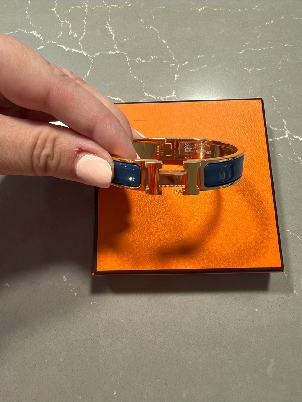 Hermes Clic H Narrow Bracelet in Navy and Gold